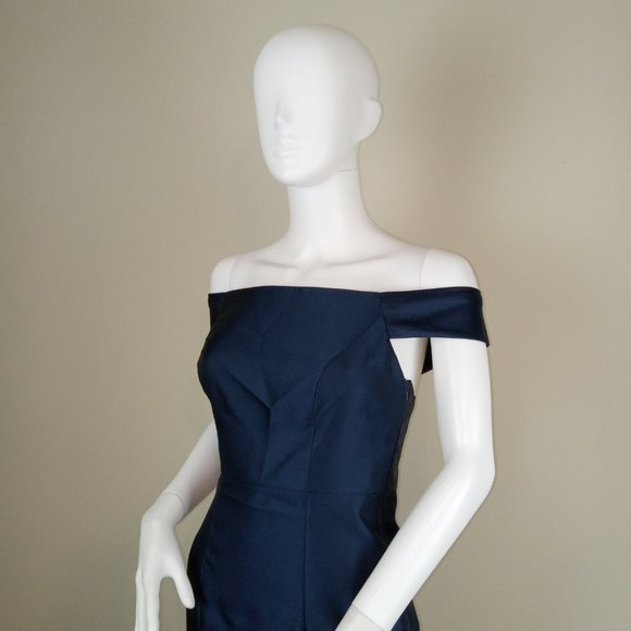 Alfred Sung Off The Shoulder Dress Women's Size 0 Midnight Blue Satin Maxi D751 - Picture 2 of 9